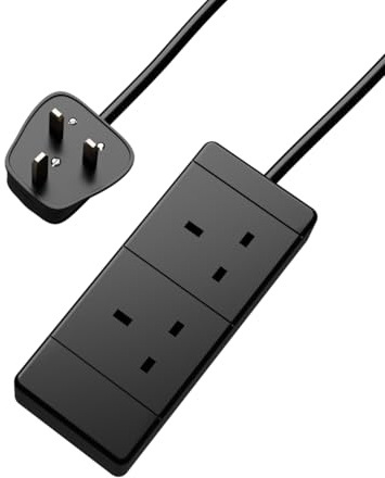 rhinocables 2 Way Extension Power Cable (20m, Black) | UK 3 Pin 13A Plug to Double Socket Lead, BS1363/A Rated 230V Wire for TV Units, Desks & Home Office Gear, Black