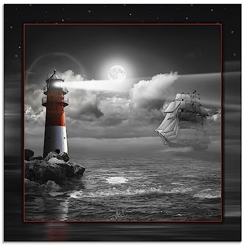 ARTland Wanddeko Glasbilder Wandbild Glas Bild einteilig Maritim Meer Küste Strand Leuchtturm Segelschiff Mond Wolken bei Nacht T6GH