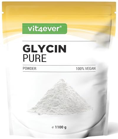 vit4ever Glycin Pure - 1100 g (1,1 kg) reines Pulver ohne Zusätze - Mit Messlöffel - L-Glycin Aminosäure optimal dosiert, von Natur aus süß - Vegan