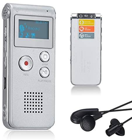 Lychee Professionale Registratore Vocale Digitale Portatile, 1536kbps,8 GB Multifunzionale USB Digital Audio Voice Recorder con Lettore MP3 (Argento)