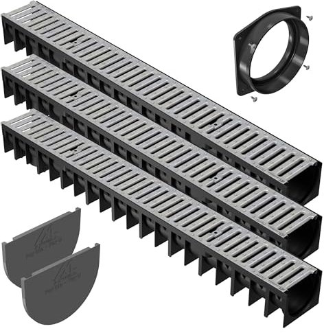 AxHeLL - Entwässerungsrinne befahrbar mit DIY absatzsicherem, Entwässerungsrinne terrasse Stahlrost verzinkt komplett Set für Entwässerung, Garagen, Gärten, Terrassen 1m x 120 x 92mm (3 Stück)