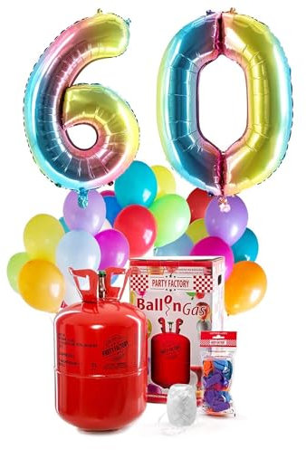 Party Factory – Helium Gasflasche 400L Komplett Set mit XXL Zahlenballon 60 Regenbogen – Partydeko Ballongas Flasche mit Folienballon, 30 Latexballons & 40m Ballonschnur – Für Geburtstage & Feiern