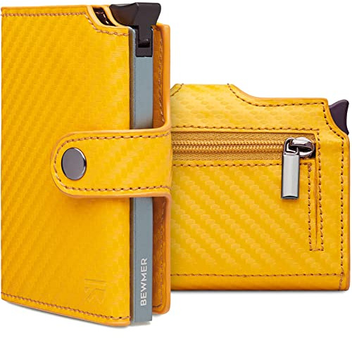 BEWMER v2 Shielded Slim Wallet mit Münzfach für Herren & Damen | Kartenetui mit Münzfach & RFID-Schutz & Anti-Cloning | Geldbörse für Scheine, Münzen & 9 Kreditkarten | Gelb Carbon
