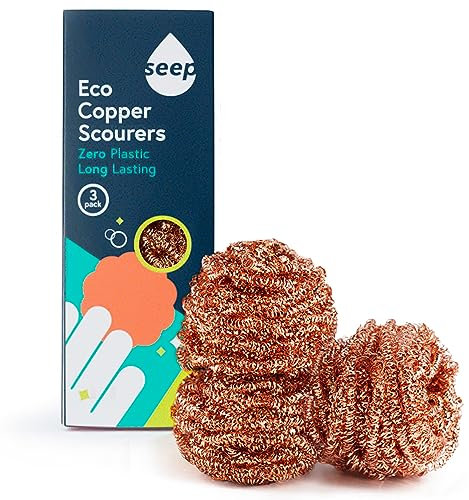 Seep Recyclable Wire Metal Copper Scourer Pads 3 Pack - Spiral 100% Copper Scourer - Long Lasting Pan Scourers For Cleaning - Heavy Duty Scrubber
