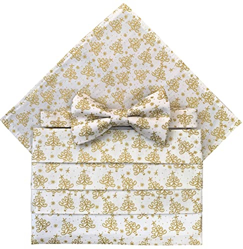 Weihnachtskummerbund-Set mit Schleife und Einstecktuch, Weiß mit goldfarbenen Bäumen, Weiß, Gold, Einheitsgröße