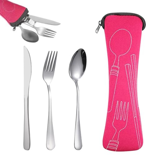 Cutlery Set with Portable Pouch Case, 3 Piece Camping Cutlery, Stainless Steel Cutlery Set with Bag, Fork and Spoon Set for Travel Hiking Picnic Office School, Rose Red