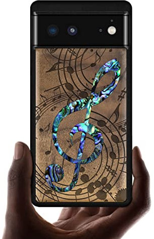Carveit Designer Wooden Case for Google Pixel 6 Case Protective Cover [Wood Engraving & Shell Inlay] Unique Wood Phone Case Compatible with Wireless Chargers Pixel 6 Case (Musical Note-Walnut)