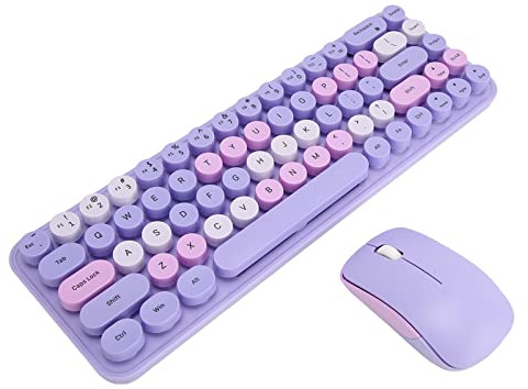 Wireless Keyboard and Mouse Combo, 2.4GHz Colorful Cute Set With 68 Retro Typewriter Flexible Round Keys, Ergonomic Gaming Kit for Computer Laptop PC (Purple Mixed Color)