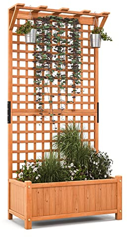 Giantex Raised Garden Bed with Trellis & Roof, 72.5 Wooden Garden Bed, High Trellis for Plant Flower Climbing Pot Hanging, Indoor & Outdoor Planter Box for Yard, Garden, Balcony
