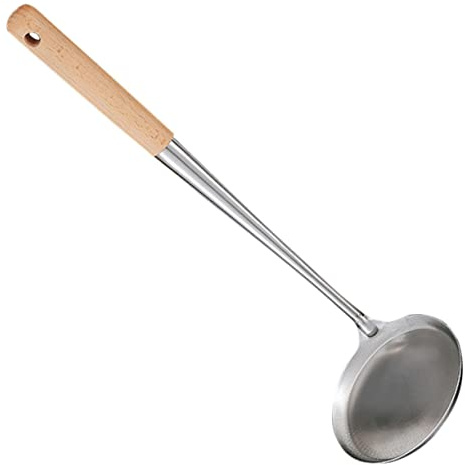 BESTonZON Stainless Steel Frying Pancake Spoon with Long Wooden Handle, Lightweight and Easy to Carry Cooking Spoon, for Household Kitchen and Restaurant Use