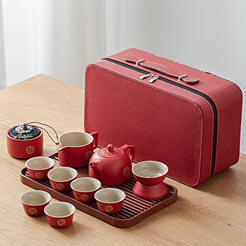 Juego de té chino de Kung Fu Tetera Doble Felicidad Porcelana Rojo Juego de Té de Boda Tetera, Suministros de Decoración de Boda Tradicional Chino, Juego de Servicio de Té de Cerámica Creativa (Color: