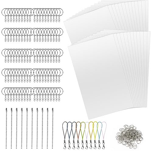 Mkitnvy Schrumpffolie Set 245 Stück, Schrumpffolie zum Basteln,Inklusive A4 Schrumpfpapier,Schlüsselanhänger,geteiltem Verschluss,Karabinerverschluss,Perlenkette,Transparente grobe Membran