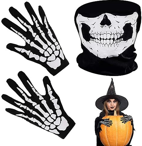 BASTOUR Halloween Skelett Maske Handschuhe, Skelett, Handschuhe Schwarz, Skull Face Mask, Totenkopf Maske Schwarz, Schwarz Skelett Handschuhe Set für Halloween, Cosplay Kostüm,Outdoor Aktivitäten