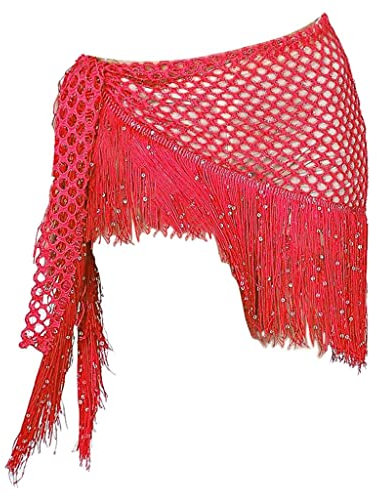 Paowsietiviity Damen Bauchtanz-Hüftschal, Pailletten, Tanzgürtel, Quaste, Rock, Gürtel, Königsblau, 140 x 41 cm, Rot, 140 x 41 cm, 140x41 cm