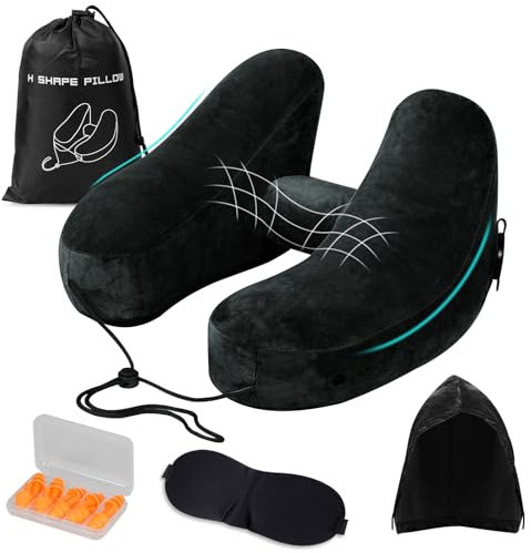 Corpower Nackenkissen Flugzeug, Nackenkissen Aufblasbar mit Kapuze, Nackenhörnchen Erwachsene, Nackenkissen Auto Travel Pillow, Schnell aufblasbares Nackenkissen Reise (Schwarz)