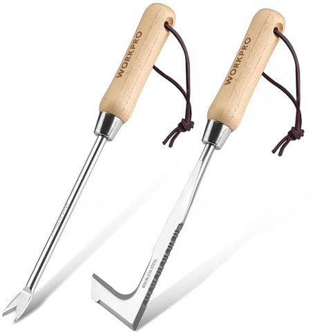 WORKPRO Weed Remover Tool 2-Piece with Wood Handle, Weeding Garden Tools for Gardening with Serrated Edge, Weed Puller for Removing Moss and Weeds, Weeding Tools for Dandelion