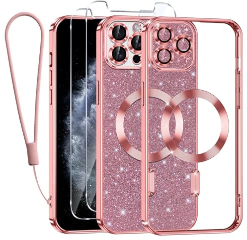 Kokio Handykette für iPhone 11 Pro Hülle mit Band, [Kompatibel mit MagSafe] Glitzer Magnetisch Handyhülle für iPhone 11 Pro mit 2 Stück Schutzfolie Stoßfeste Silikon TPU Schutzhülle, Rosa