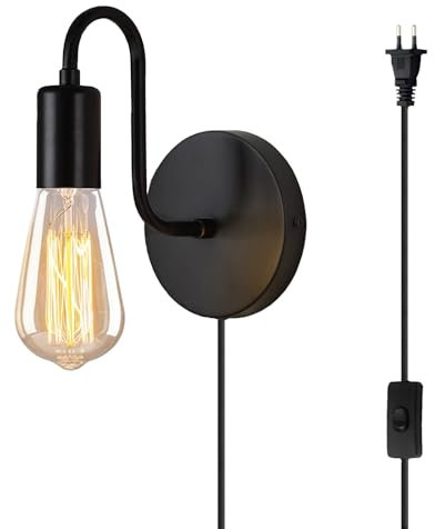 ANKBOY Applique da Parete Interno con Spina Vintage Lampada da Parete con Interruttore E27 Nero Lampada Muro Camera da Letto Industriale Luce Illuminazione da Muro per Soggiorno Cucina