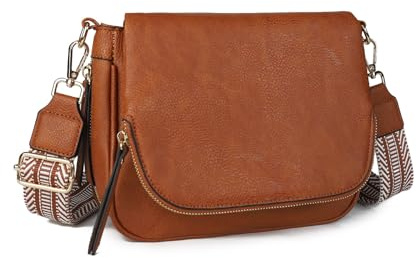 GLITZALL Petit sac à bandoulière pour femme en cuir synthétique avec rabat et poches multiples, Sangle de guitare marron