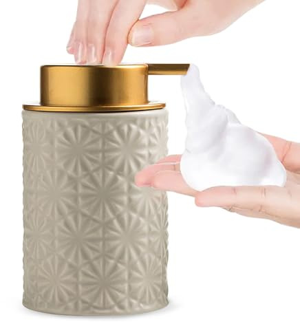 Elegant Foaming Soap Dispenser, Designed with Flower-Shaped Emboss(Khaki) | Ceramic Gold Hand Soap Dispenser for Bathroom