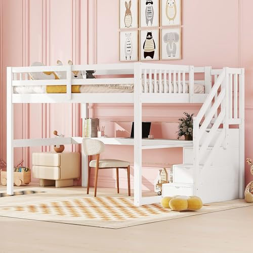 Kinderbett Hochbett 140x200, Multifunktionsbett Stauraumbett mit Stauraumtreppe und integrierter Schreibtisch, Bettgestell mit Lattenrost und Rausfallschutz, Jugendbett, Stockbett für 2 Kinder, Weiß