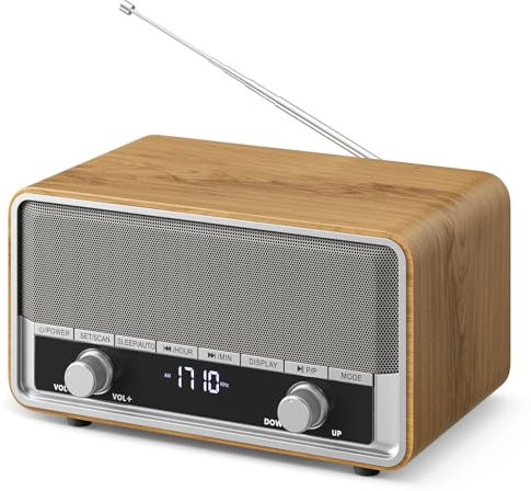 Radio AM FM retrò da parete, orologio digitale per camera da letto con display LCD, 40 preset, timer di spegnimento, senza allarme, altoparlante Bluetooth retrò per ufficio, ottimo regalo in legno