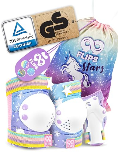 99FLIPS Inline-Skydd för Barn Skyddsutrustning set 6 i 1 - Knäskydd, Armbågsskydd och Handledsskydds-Set - för Skateboard, Skoter och inline-skridskoåkning - Storlek S/M - Regnbåge