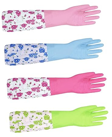 Didiseaon 2 Pair Waterproof Dishwashing Gloves Flocked Lining, Lengthened Thickened Pvc Kitchen Cleaning Gloves Drawstring Cuff for Household Use Random Color