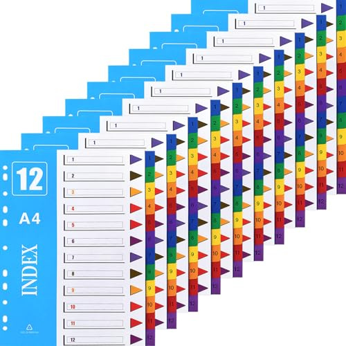 Trennblätter für Ordner A4 12-teilig, (10er-Packung) Akten-Trennblätter, poröse Mehrzweck-Indexteiler für Schule, Zuhause, Arbeit, Büro, Organisation (gemischte Farben, A4)