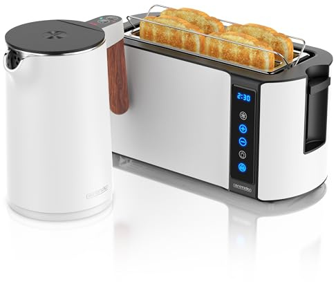 Arendo - Wasserkocher Toaster SET - Edelstahl - Wasserkocher mit Temrpatureinstellung - 45-100 Grad - Warmhaltefunktion - Toaster 4 Scheiben mit Touch Display - mit Brötchaufsatz - Weiß Matt