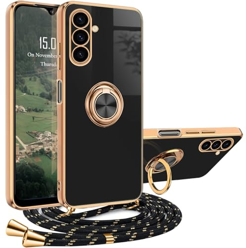 XCYYOO Handykette Samsung Galaxy A16 5G Hülle mit Band Samsung Galaxy A16 5G Handyhülle mit Kette Luxuriös Galvanisierte Schutzhülle zum umhängen Silikon Ständer Samsung Galaxy A16 5G Case mit Ring
