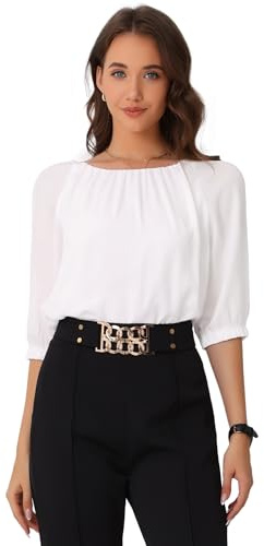 Allegra K Blusa Informal Elegante para Oficina, Cuello Redondo y Mangas Cortas abullonadas para Mujer Blanco S