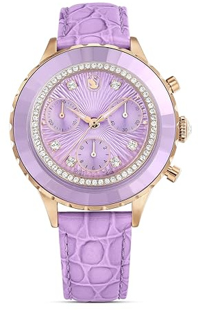 Swarovski Octea Chrono klocka, schweizisk tillverkad, läderband, lila, roséguldfärgad finish