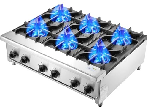 VEVOR Estufa de Gas Comercial con 6 Quemadores, Cocina de Encimera de Gas Propano y Gas Natural, Placa Calefactora de Gas de Acero Inoxidable, para Restaurantes, 42 kW, 915 x 775 x 335 mm, Plata