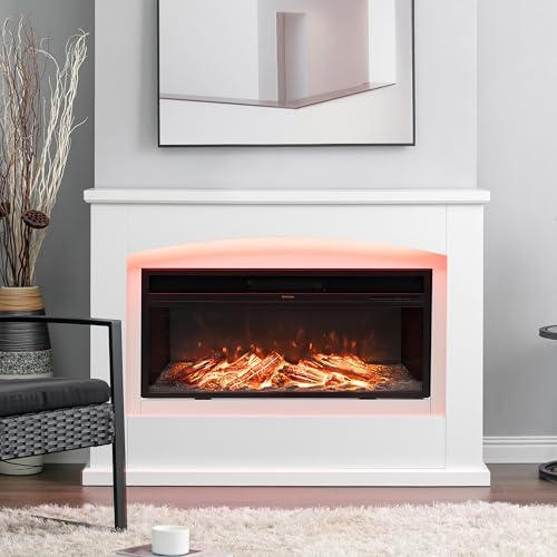 Warmiehomy Electric Fire and Surround, 48'' White Electric Fire Suite Heater with 12 Colors LED Moon Light and Realistic Flame Effect, 34'' Fireplace, Remote Control & Overheat Protection