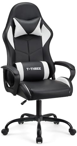 T-THREE.High-back ergonomic gaming chair, computer, office, desk chair, swivel seat, racing-style seat with 150kg weight capacity.(White)