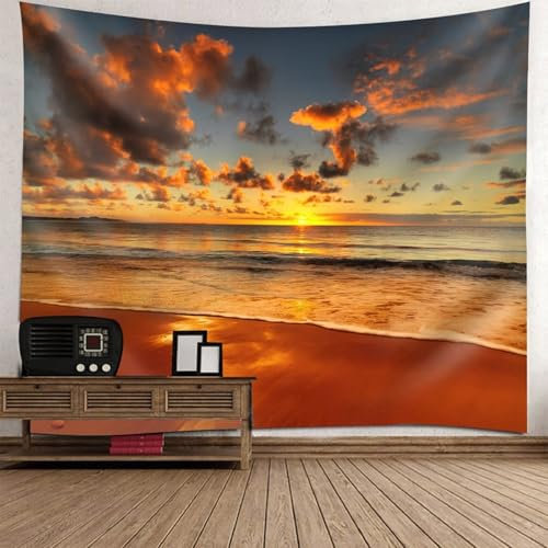Aotiwe Tapestry Aesthetic, Tapestry Wall Strand Sonnenuntergang Landschaft Grau Blau Orange Wandbehang Boho 260x240cm