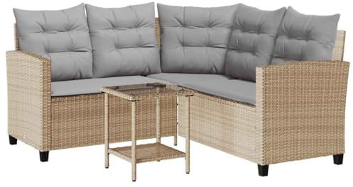 vidaXL Gartensofa in L-Form mit Tisch und Kissen Beige Poly Rattan, Outdoor Sofa, Außensofa, Gartensofa Poly Rattan, Terrassensofa