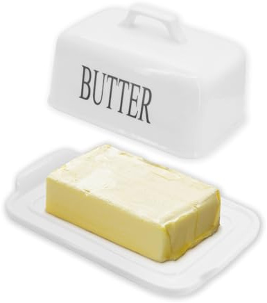DingGreat Porcelain Butter Dish with Lid – Air Tight Ceramic Butter Container, Dishwasher Safe Butter Keeper for Countertop & Refrigerator, White Kitchen Storage & Deco Gift