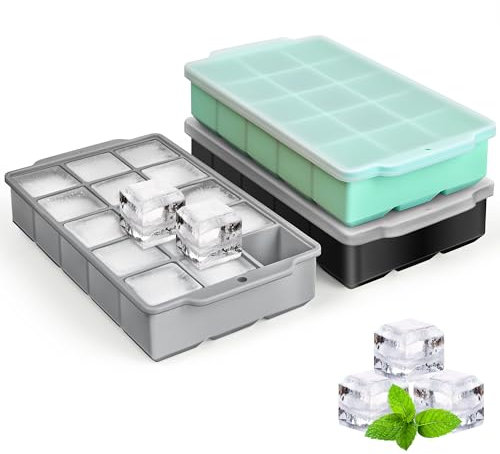Silicone Ice Cube Tray with Lid, 3 Pack Easy-Release Flexible 15 Ice Cube Molds, Stackable Ice Trays for Freezer, Square Ice Maker Tray for Cocktail, Whiskey, Juice, Baby Food, BPA Free