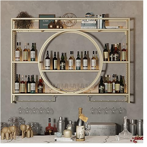 DONGGANSHI Botellero de Pared, botellero metálico para Bar, con Soporte para Botellas y Copas, Soporte para Copas y licores, botellero Negro/Dorado para Bar en casa, vinoteca de Cocina