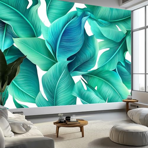 Carta da parati panoramica con texture a foglia di banano, carta da parati personalizzata turchese, murale moderna per soggiorno o camera da letto, 500 x 280 cm (L x A)
