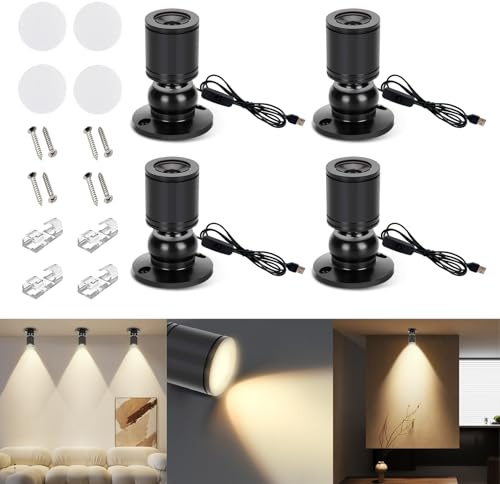 AMFUN 4PCS LED Mini Spot Lights, 5V 1W Jewelry Cabinet Lamp, 360° Rotate Aluminum USB Showcase Lights with Dimmer for Home Hotel Jewelry Decoration Painting Plant Wine Cabinet (4000K Neutral Light)
