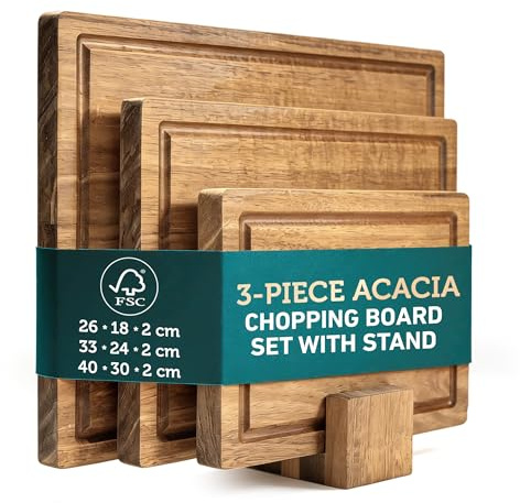 JoyCushy Wooden Chopping Boards Sets 3 Piece with Stand,FSC Certified Acacia Wooden Cutting Board Set, 26 33 40cm Hardwood Kitchen Chopping Boards for Fruits,Bread,Raw Meat,Steak,BBQ