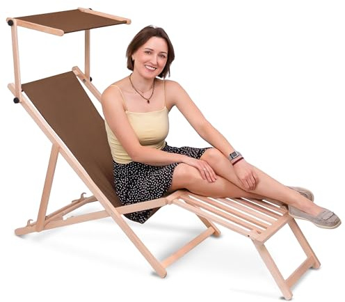 DreamRoots Sonnenliege klappbar mit Dach aus Holz - Liegestuhl mit Sonnenschutz & Fußstütze aus Holz bis 130 kg, Oxford-Polyester 220g/m², 3-Fach verstellbar - Brown