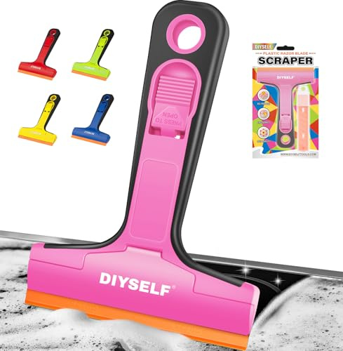 DIYSELF Plastic Razor Blade Scraper, Glass Scraper with 5 Blades, Pink | Window scraper and hob scraper for ceramic cooktops; non scratch sticker remover tool for paint, labels and residue