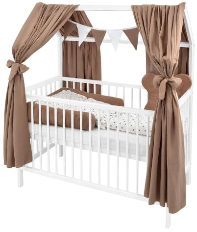 Generisch Baby Delux Babybett Komplett Set Hausbett 60x120 cm weiß Rausfallschutz Kinderbett Matratze Bettwäsche Deko Set (Musselin Himmel, Herzchen braun)