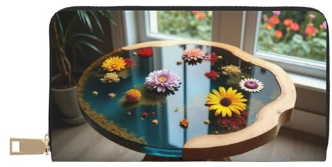 TZTTZT Portefeuille moderne imprimé de table de fleurs bleues pour femmes, portefeuille à deux volets en cuir, porte-monnaie long pour femmes
