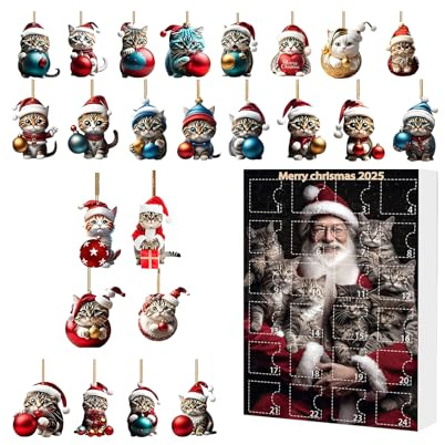 Calendrier De L Avent Pour Noel 2025 | Chat Compte À Rebours en Acrylique 2D,Pendentif de Noël Mignon pour Femme Sœur Amie Enfant Fille