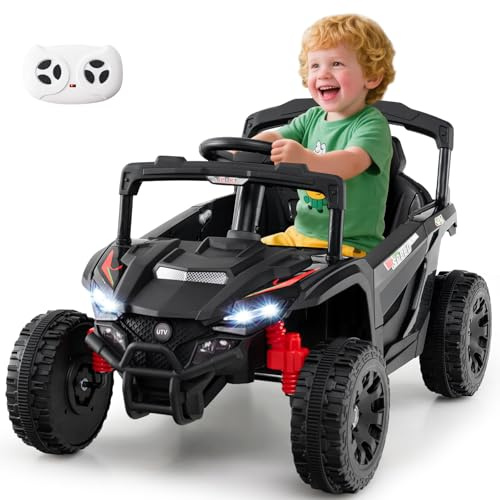 GOPLUS Coche Eléctrico para Niños 12V con Control Remoto, Vehículo Todoterreno Eléctrico con Volante y Salpicadero, Coche Eléctrico con Música, Bocina y Faros, Carga Máxima 30kg, 3+ Años (Negro)